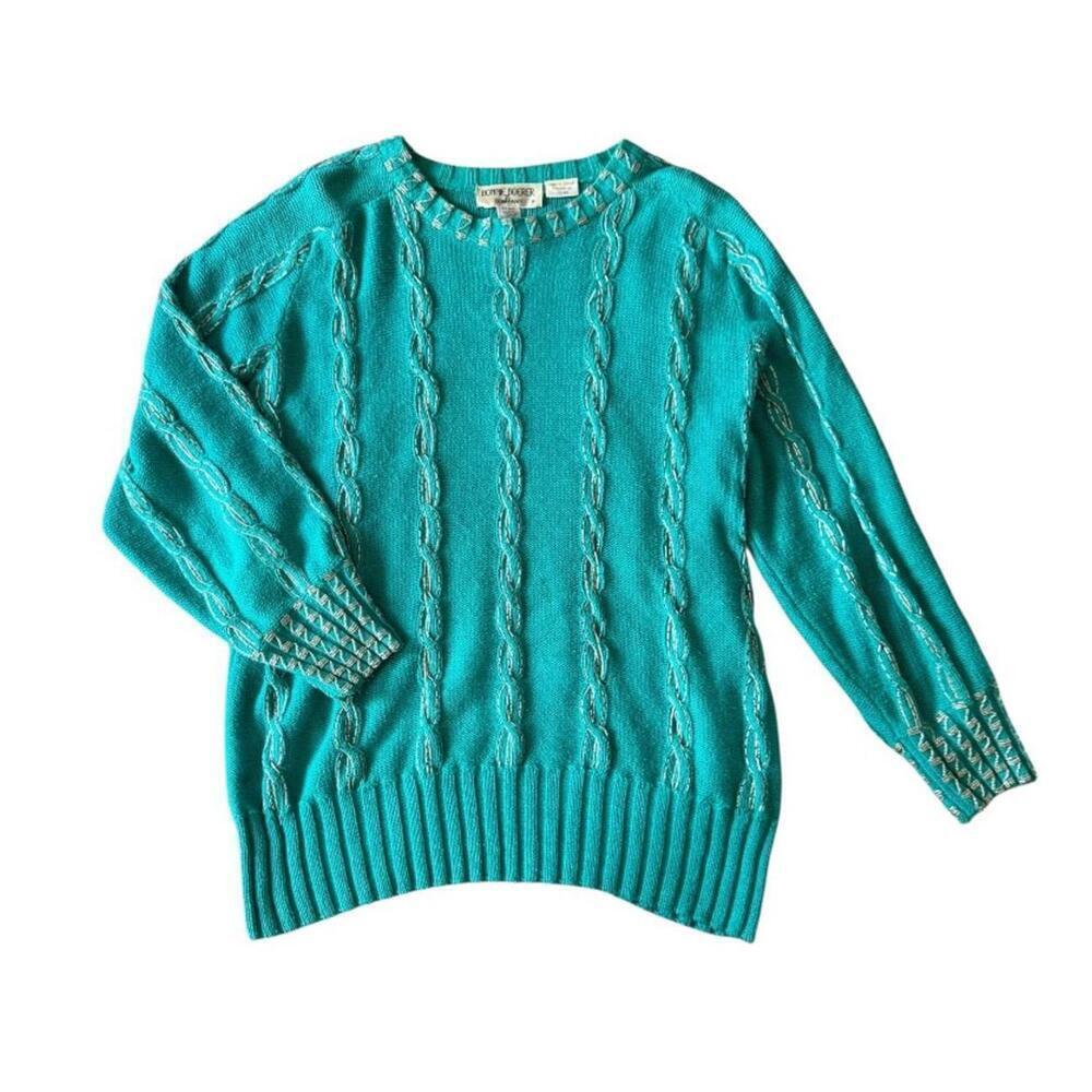 Bonnie Boerer 1988 Beaded Cable Knit Sweater – Teal, Size S/P
